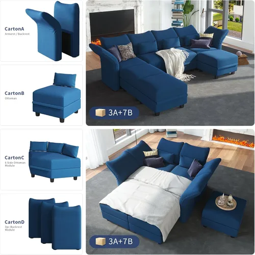 Vista 4 de LLappuil Sofá modular de terciopelo en forma de L con almacenamiento, sofá moderno de 5 plazas de 127.8 pulgadas con diván, sofás reclinables de Azul