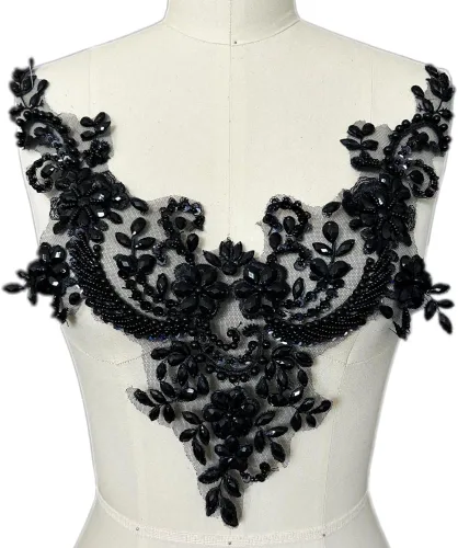Vista 9 de Parches de encaje con flores y cuentas de perlas, apliques de strass para coser en ropa, cuello (AB)