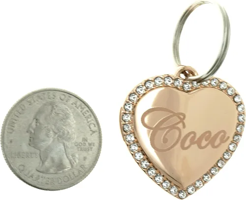 Vista 3 de Etiqueta de identificación personalizada grabada en oro rosa con diamantes de imitación de corazón mediano para uso casual