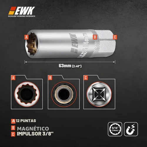 Vista 2 de EWK - Enchufe de bujía magnético de pared delgada de 14 mm, 12 puntos para BMW, Mini Cooper, Nissan, Infiniti