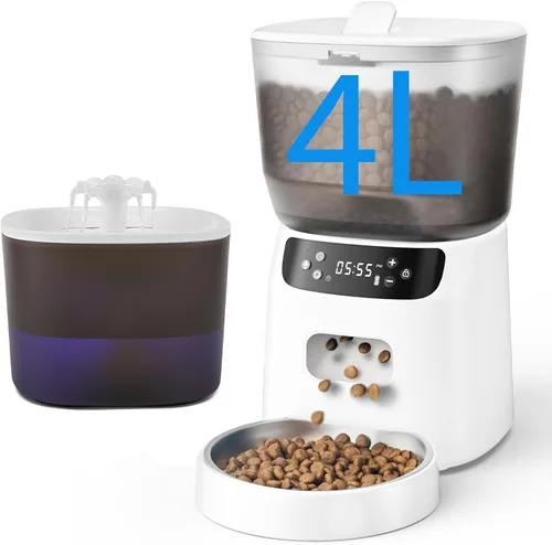 Vista 12 de Alimentador automático para gatos y fuente de agua, dispensador de alimentos secos para gatos con temporizador de 4 litros/16 tazas, llamada