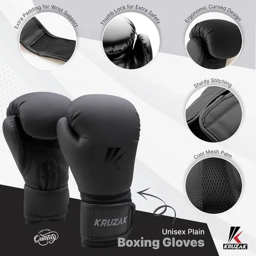 Vista 3 de Kruzak - Guantes de boxeo unisex negro mate, guantes de enfoque y equipo de cabeza para kickboxing y entrenamiento de Muay Thai MMA Kit de fitness