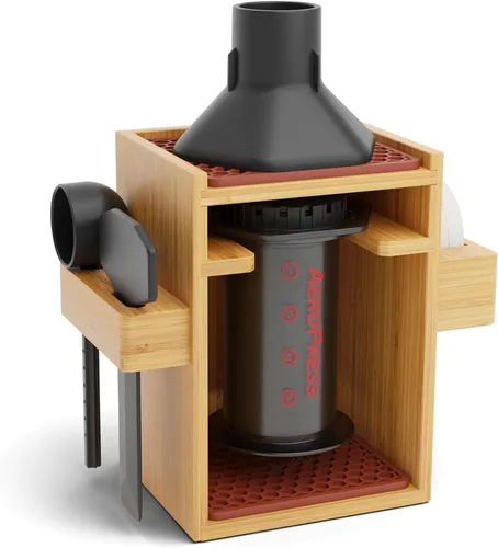 Vista 9 de HEXNUB Soporte organizador compacto AeroPress, organizador de café de bambú para cafetera AeroPress, accesorios, filtros, tazas, incluye