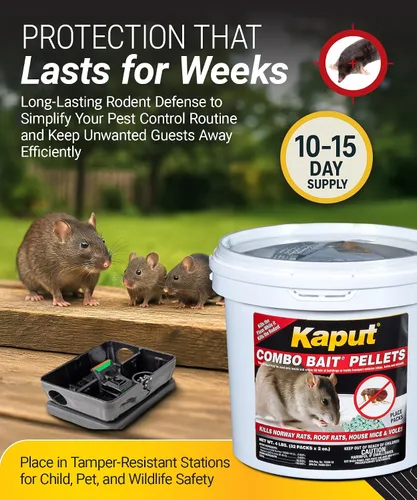 Vista 6 de Cebo combinado en pellets Kaput, cebo para ratas para matar roedores y pulgas, ratones noruegos, ratones caseros y topos de pino - Incluye warfarina