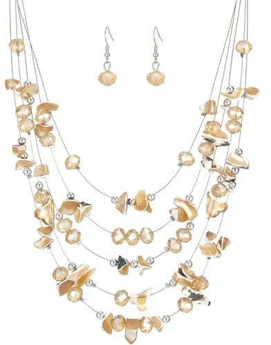 Vista 24 de Collar de cuentas de concha bohemia de varias capas para mujer, hebra de cristal colorida con cuentas plateadas, collares y aretes, disfraces