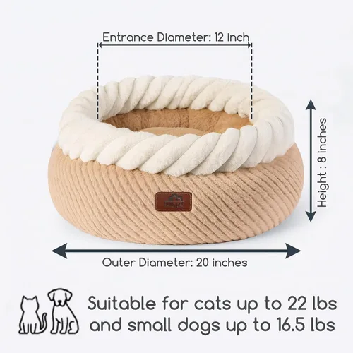 Vista 4 de Hollypet Cama redonda para gatos, camas pequeñas para perros con cojín Avena y blanco