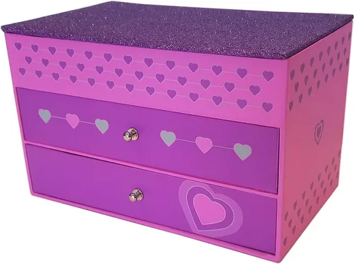 Vista 2 de Joyero para niñas, brillo rosa y morado con corazones y ribete rosa y morado (brillo morado con rosa)