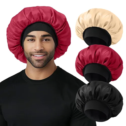 Vista 12 de Gorro para hombre, gorro de doble capa para dormir, gorro de dormir ajustable con banda elástica, gorros de satén de seda para trenzas de cabello
