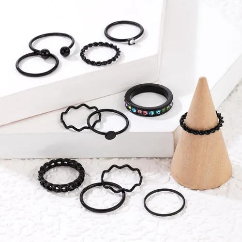 Vista 4 de Juego de anillos ajustables góticos negros para mujer, anillos vintage gruesos, nudillos góticos punk, anillos apilables vintage, anillos abiertos