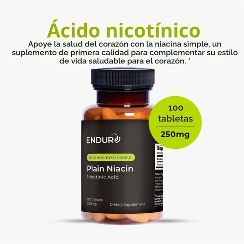 Vista 2 de ENDUR Niacina simple 250 mg, liberación inmediata, ácido nicotínico, 100