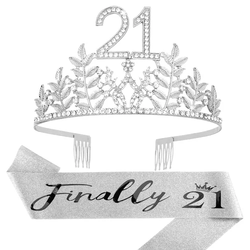 Vista 10 de Banda y tiara dorada de cumpleaños número 21, decoraciones y decoración para tartas, corona de finalmente 21