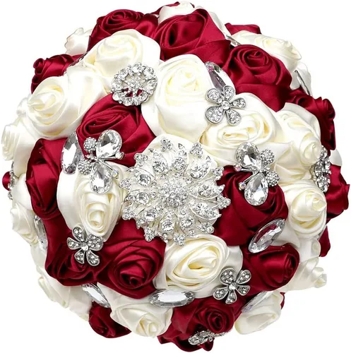 Vista 3 de Sharebeauty Ramo de novia de satén hecho a mano de 7.9 pulgadas, ramo de boda, ramo de flores artificiales