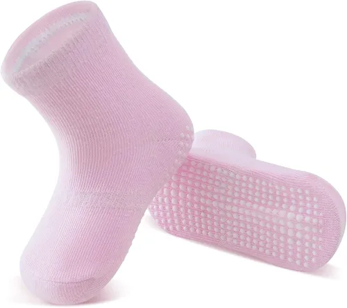Vista 6 de Tenpluszero Calcetines de algodón antideslizantes para niños pequeños, calcetines de algodón con agarres para bebés, niños y niñas