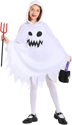Vista 3 de IBQ Disfraz de fantasma para niños, disfraz de Halloween que brilla en la oscuridad, disfraz de fantasma blanco para cosplay, capa espeluznante