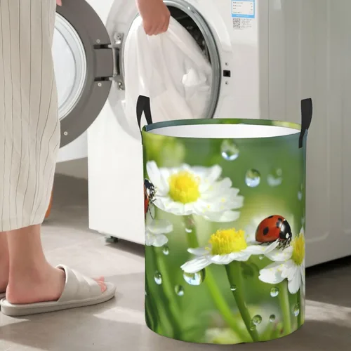 Vista 7 de Summer Ladybird Flowers print Circular Hamper Waterproof Storage Bin Organizer Basket Laundry Hamper With Handles For Clothes Toys Small