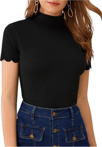 Vista 19 de SweatyRocks - Camiseta de manga corta con cuello alto, canalé y bordes envoltorio para mujer Beige