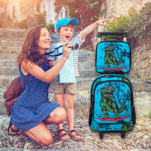 Vista 9 de AGSDON Mochila con ruedas enrollables para niños, mochila escolar con ruedas y bolsa de almuerzo, dinosaurio