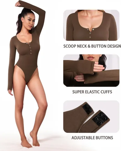Vista 4 de MANGOPOP Body Henley con cuello redondo para mujer, con botones, básico, acanalado, tanga