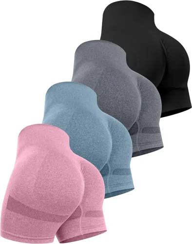 Vista 13 de CHRLEISURE Pantalones Cortos de Entrenamiento para Mujer, 4 Paquetes, Cintura Alta, Levantamiento de Glúteos con Fruncido, Pantalones Cortos Booty