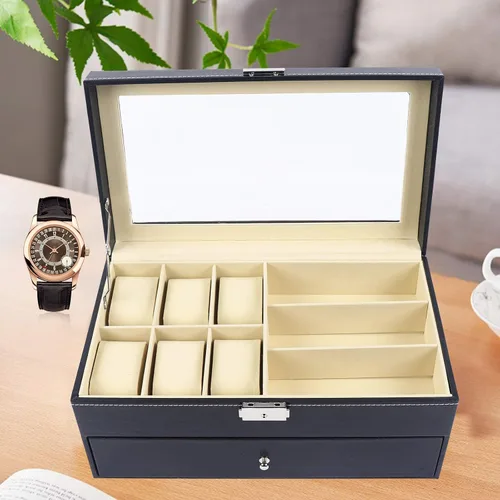 Vista 3 de YIYIBYUS Caja de 6 relojes de cuero negro y 9 piezas de almacenamiento de lentes y gafas de sol organizador de caja con cerradura para gafas de sol
