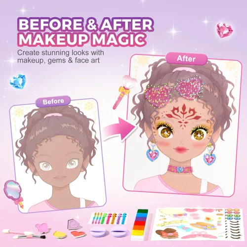 Vista 3 de Jar Melo Libros de actividades de maquillaje para niñas de 4 a 8 años, kit de manualidades 6 en 1 con arte de aluminio, calcomanías de gemas