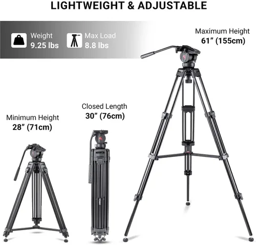 Vista 2 de 3Pod V3AH - Trípode de video de aluminio de 3 secciones para cámara, trípode profesional para cámara con cabezal fluido de 2 vías, esparcidor