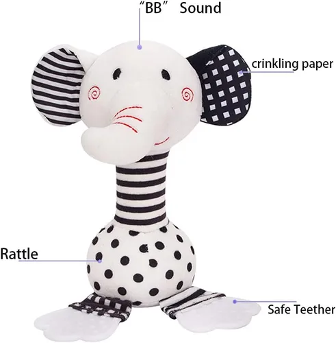 Vista 3 de D-KINGCHY Juguetes para bebés de 0 a 12 meses, juguetes para recién nacidos en blanco y negro, juguete de peluche suave con mordedor y sonido