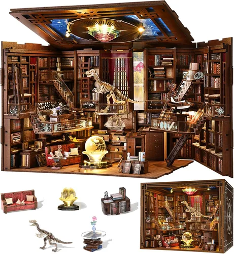 Vista 17 de CCCDF - Kit de manualidades para rincón de lectura de biblioteca, kit de casa de muñecas en miniatura, rompecabezas de madera 3D con luces LED