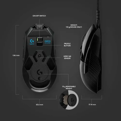 Vista 3 de Logitech G903 Hero 16K - Ratón inalámbrico para videojuegos con sensor de velocidad lumínica (renovado)