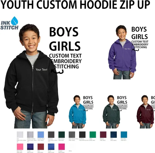 Vista 4 de INK STITCH Sudaderas con capucha de forro polar con cremallera completa y costuras de texto personalizado para jóvenes, varios