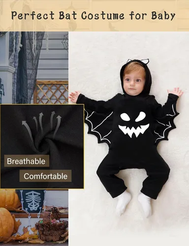 Vista 5 de Goodstoworld Disfraz de Halloween para bebé recién nacido, para niño y niña, color negro con murciélago que brilla en la oscuridad, body de 0 a 18