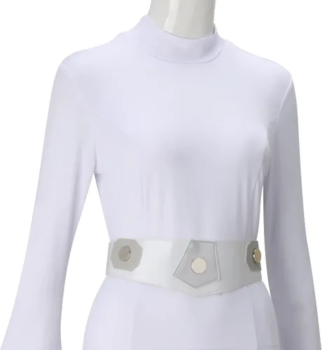 Vista 5 de NIHONCOS Disfraz de Halloween para mujer, vestido largo medieval blanco, conjunto completo con cinturón, accesorios de fiesta de cosplay