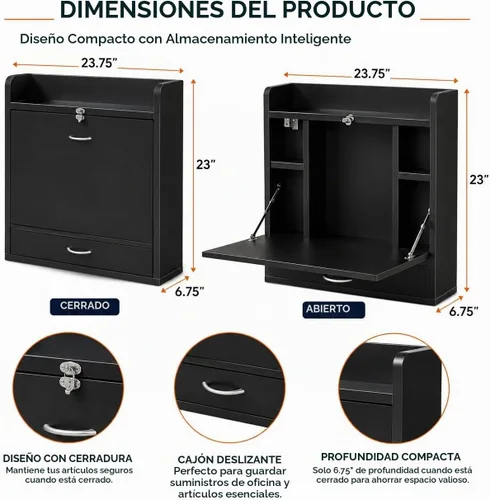 Vista 3 de Basicwise Escritorio plegable montado en la pared, escritorio plegable que ahorra espacio con estantes de almacenamiento y cajón, mesa flotante Negro