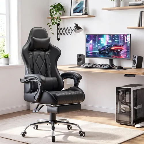 Vista 2 de Shahoo Silla ergonómica para videojuegos, reposapiés y soporte lumbar de Negro