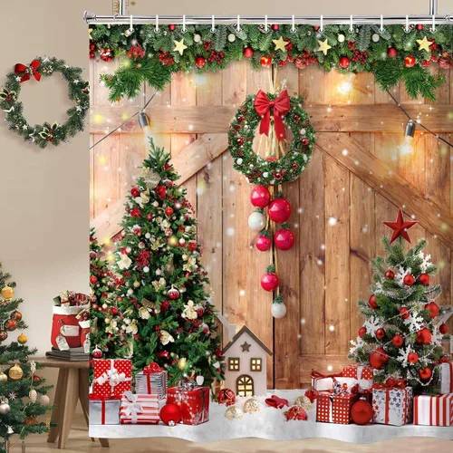 Vista 12 de Cortina de ducha de granja de Navidad para baño, decoración del hogar de árbol de Navidad de invierno, cortinas de baño de madera de puerta