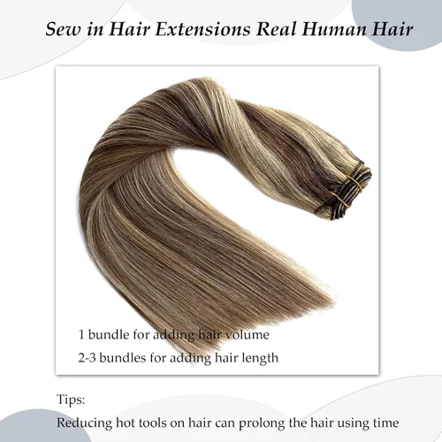 Vista 5 de Extensiones de cabello humano real, balayage, color castaño ceniza a rubio miel, extensiones de cabello humano con reflejos, 14 pulgadas, 2.82 oz