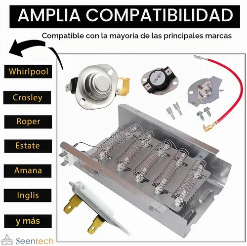Vista 2 de Elemento calefactor de secadora para Whirlpool WED4815EW1 WED5000DW2 WED6200SW1 WED6600VW0, WED4800BQ1, WED4800XQ0, WED4800XQ1, WED4900XW0