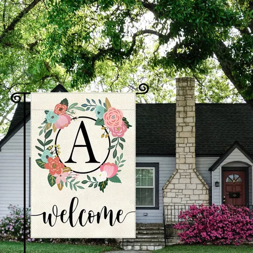 Vista 2 de Bandera de jardín con letra monograma, floral, 12 x 18 pulgadas, doble cara para exterior, pequeña de arpillera, familia, apellido, bandera inicial