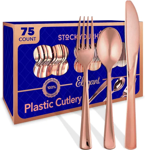 Vista 17 de Juego de cubiertos de plástico resistente (dorado) de 75 piezas, juego de cubiertos desechables, ideal para fiestas, bodas y catering, cubiertos