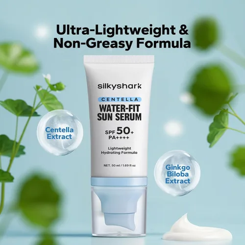 Vista 3 de SilkyShark Centella - Protector solar SPF 50+ PA++++, protector solar de suero Centella Asiatica, sin aceite, no graso, protección UVA/UVB de larga