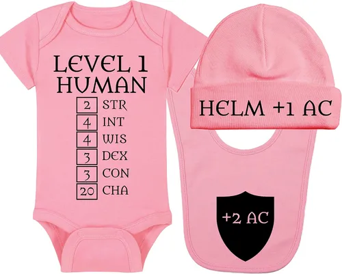 Vista 9 de Level 1 Human with Ability Scores - Gaming Baby Onesie - Hat - Blanket - Bib Package Combinations