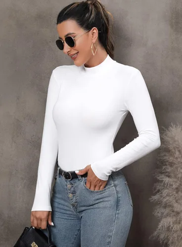 Vista 3 de UNTYHOTS Body de manga larga con cuello alto falso para mujer, camisas y tops