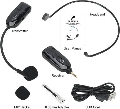 Vista 5 de Auriculares de micrófono inalámbrico 2.4G, micrófono inalámbrico UHF y micrófono de mano 2 en 1, rango de 165 pies, conectores de 0.138 in y 0.250