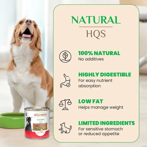 Vista 3 de almo nature HQS - Muslo de pollo natural en caldo, sin gluten, sin aditivos, comida húmeda enlatada para perros adultos, triturada, 12 x 280 g/9.87