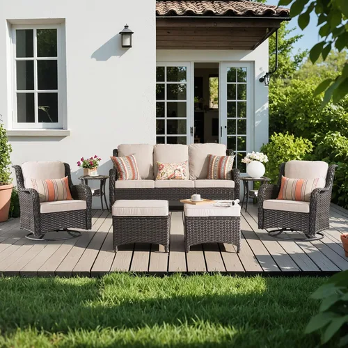 Vista 50 de Juego de muebles de exterior para patio, silla y sofá (ratán marrón, beige, 3 piezas)