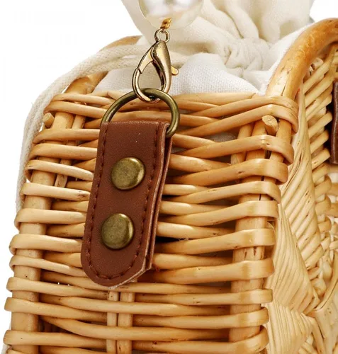 Vista 6 de Bolso de playa para mujer, bolso de mimbre rectangular tejido a mano, bolso de mimbre con perlas, bolso retro de paja de verano