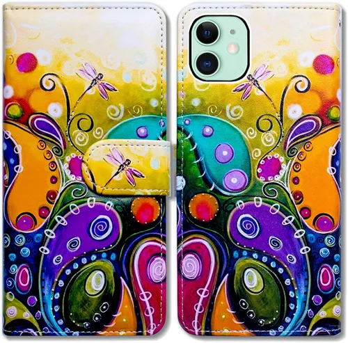 Vista 17 de Bcov - Funda para iPhone 13, funda tipo cartera de cuero verde con diseño de pájaro negro, funda con solapa y soporte con ranura para tarjetas