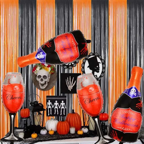 Vista 5 de Juego de 6 globos de Halloween, champán rojo y globos de copa de vino para decoraciones de fiesta de Halloween (champán)