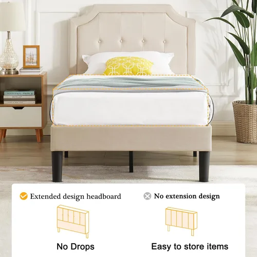 Vista 7 de VECELO - Base de cama tapizada con plataforma individual con cabecera ajustable de panel cosido con botones, fuerte soporte de listones de madera