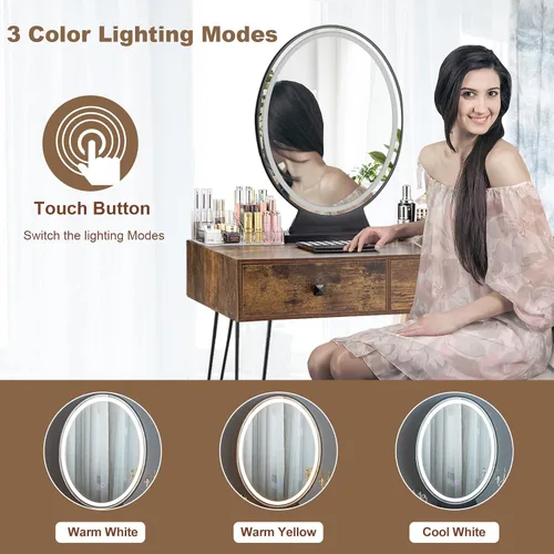 Vista 2 de KOTEK Juego de mesa de tocador con espejo iluminado, escritorio de maquillaje con taburete acolchado, espejo regulable de pantalla táctil de 3